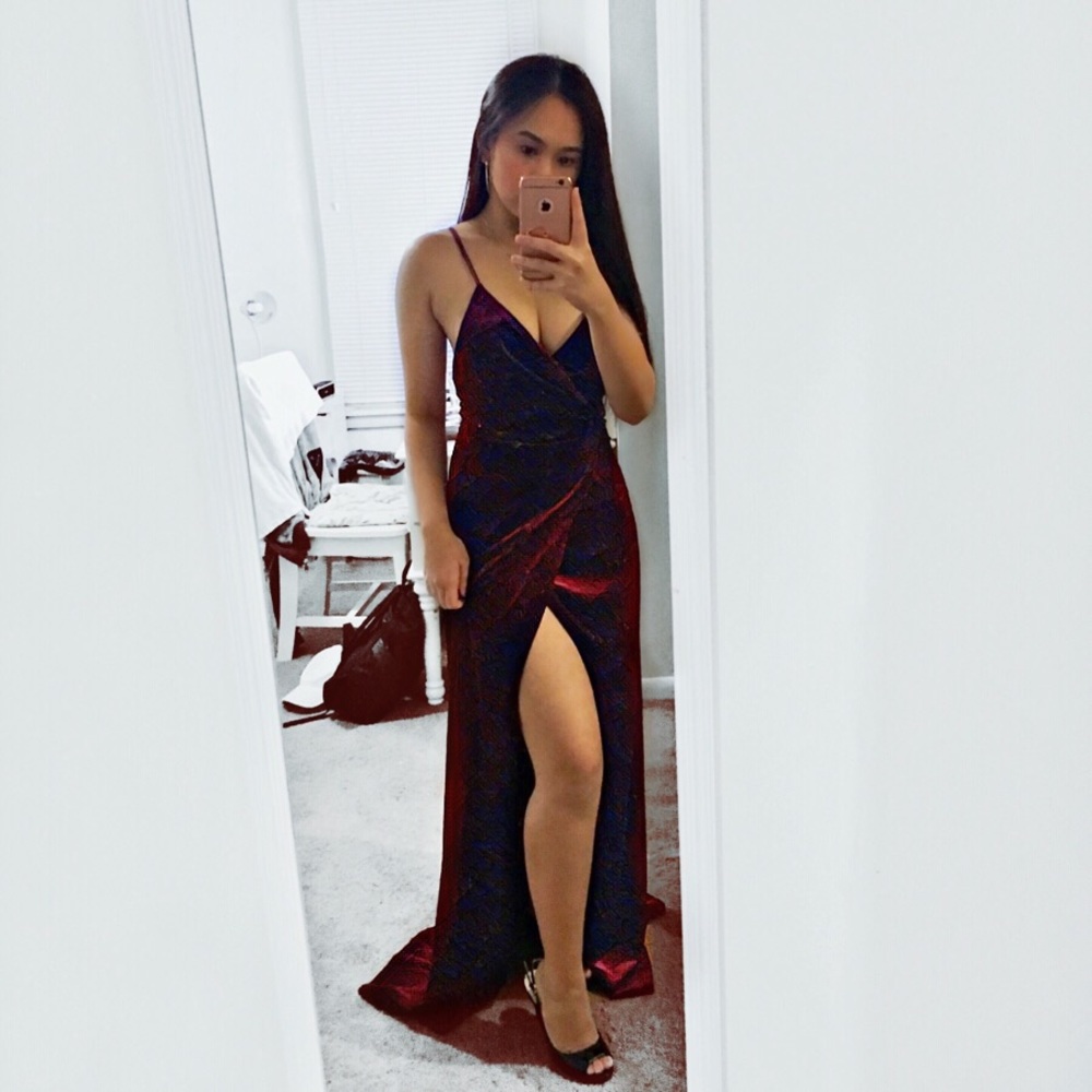 Burgundy high slit velvet dress